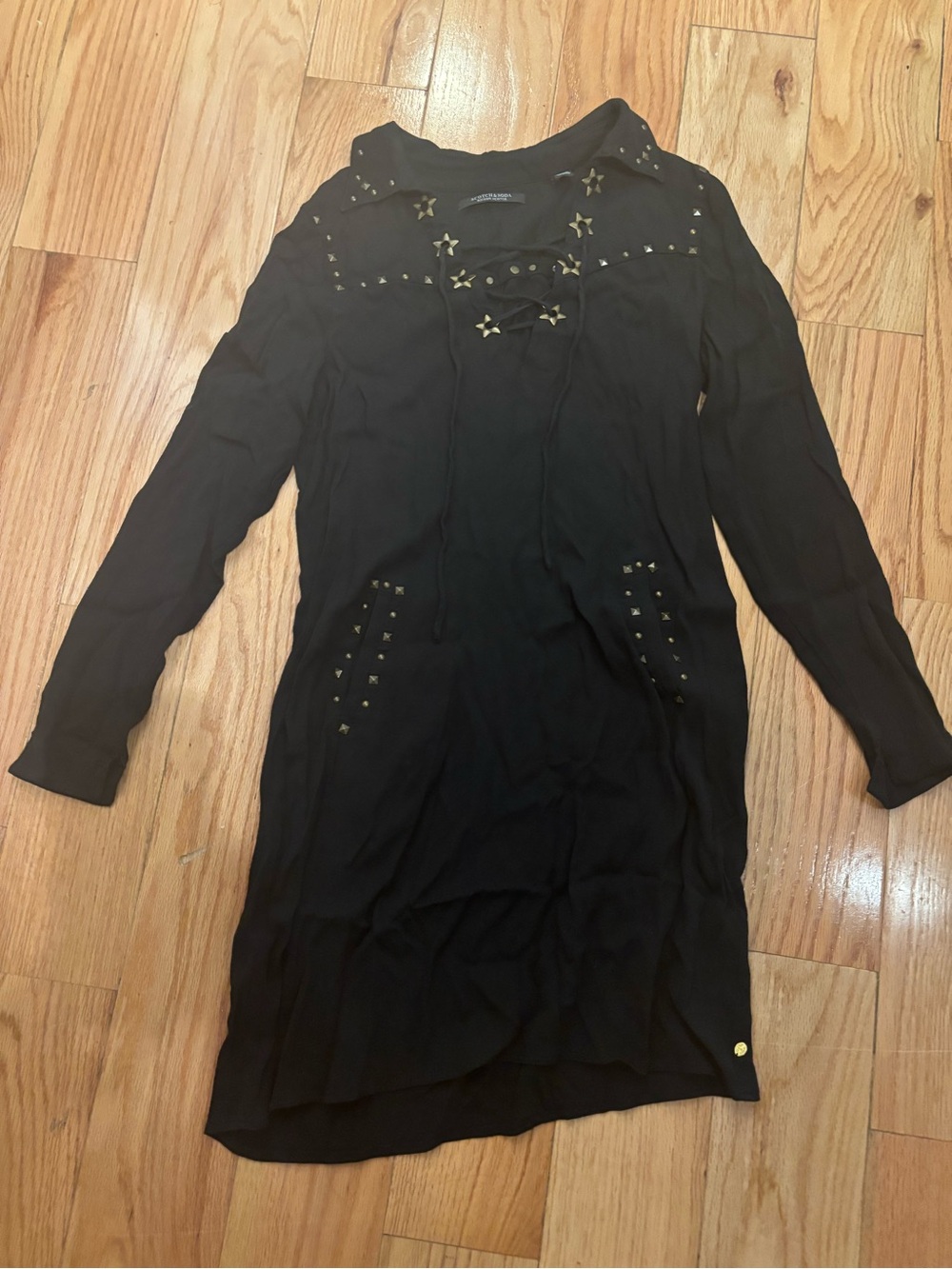 Scotch & Soda Black Long-Sleeve Lace-Up Dress with Gold Studs